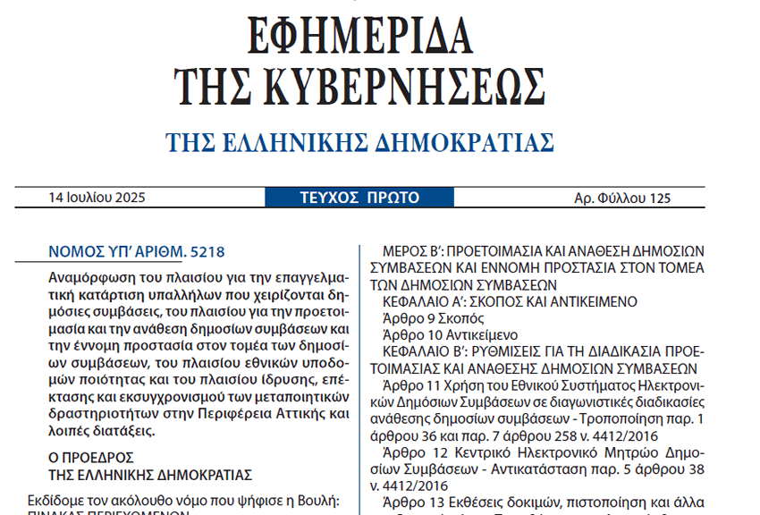 Νόμος 5218/2025 για τις δημόσιες συμβάσεις
